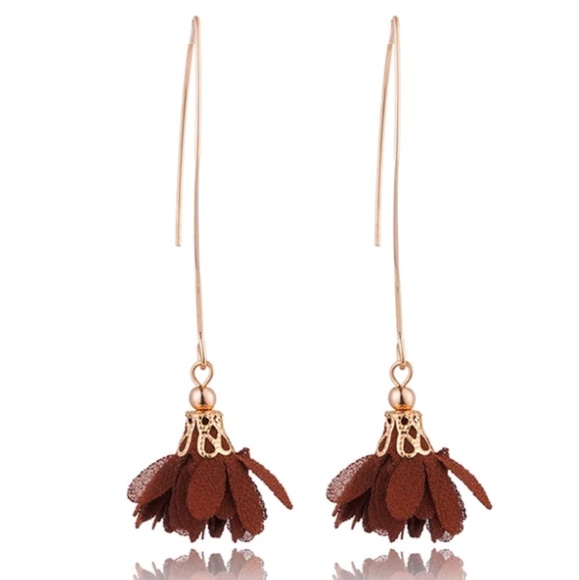 Long Gold and Blue Flower Color Boho Gypsy Earring Jewelry - Long Gold & Brown Flower Color Boho Gypsy Earring